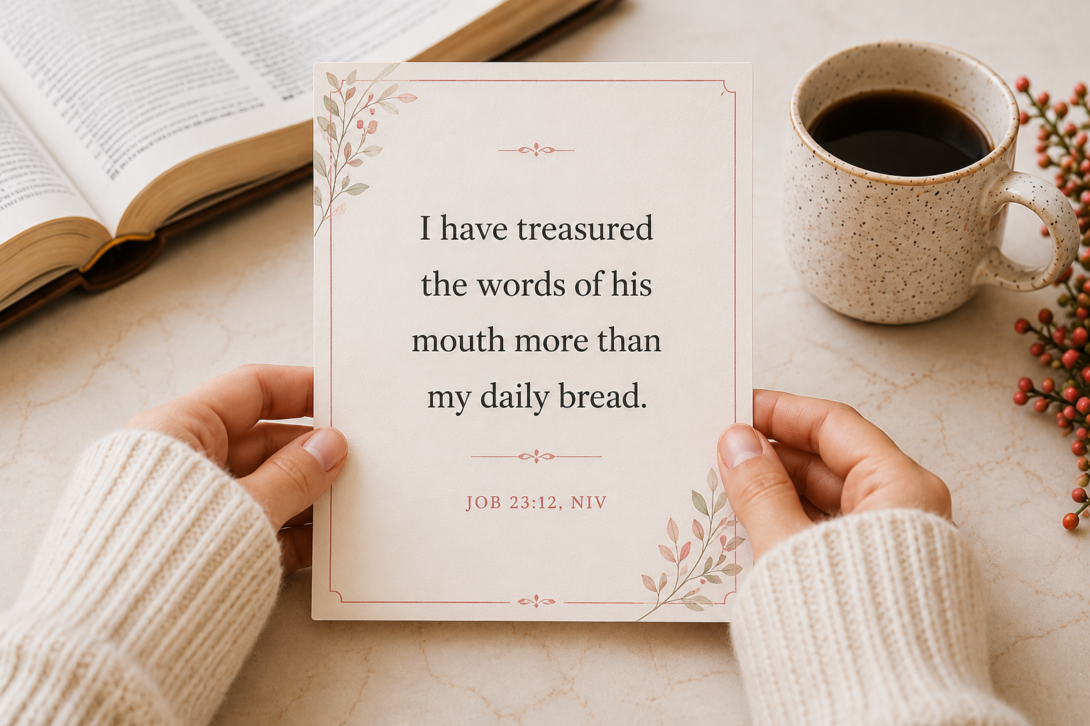 Holding a Scripture memory card with an open Bible and coffee